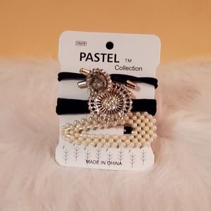 PEARLS AND RHINESTONES HAIR 3 PIECE SCROUNCHIE AND CLIP PACK